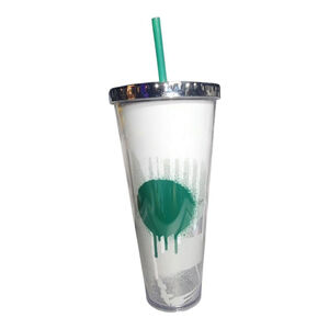 Starbucks 24oz Clear Plastic Tumbler with Green Straw and Silver Lid